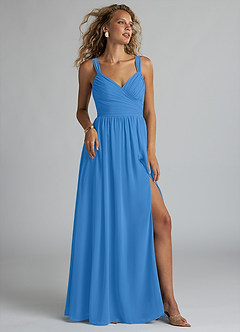 Azazie Aziza Bridesmaid Dresses Blue Jay A-Line V-Neck Pleated Chiffon Dress image1