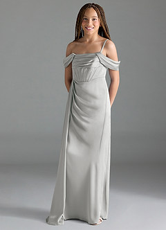 Azazie Amyra Junior Silver Sheath Off the Shoulder Stretch Satin Dress image4