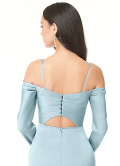 Azazie Hallie Bridesmaid Dresses Moody Blue Sheath Off-The-Shoulder Long Sleeve Stretch Satin Convertible Dress image8