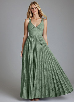 Azazie Mirella Final Sale Matcha A-Line Pleated Floral Burnout Dress image1