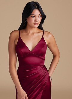 Azazie Shania Bridesmaid Dresses Burgundy Sheath Pleated Metallic Satin Dress image3