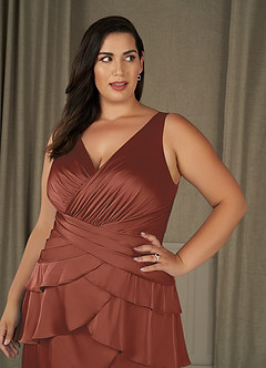 Azazie Viola Kleider für die Brautmutter A-Linie Plissee Stretch-Satin Kleid Rotbraun image9