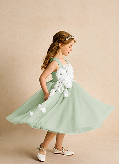 Azazie Dovey Flower Girl Dresses Dusty Sage Ball-Gown Bow Tulle Dress image5