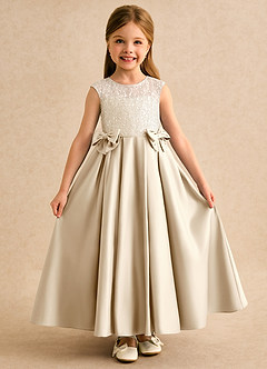 Azazie Candy Girl Blumenmädchenkleider Ballkleid Schleifen Matte Satin Kleid Champagner image1