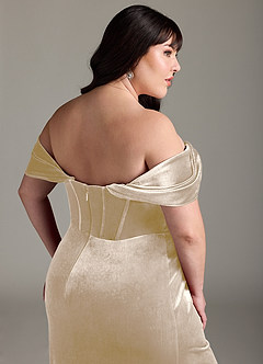 Azazie Jas Bridesmaid Dresses Champagne Sheath Off-The-Shoulder Corset Velvet Convertible Dress image17