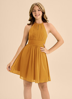 Azazie Bonnie Junior A-Linie Plissee Chiffon Kleid Butterscotch image5