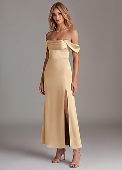 Azazie Saige Robes de demoiselle d'honneur Robe Sirène en Satin extensible Épaule décolletée Champagne image4