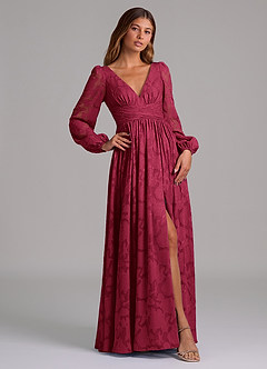 Azazie Norah Bridesmaid Dresses Burgundy A-Line Long Sleeve Floral Burnout Dress image4