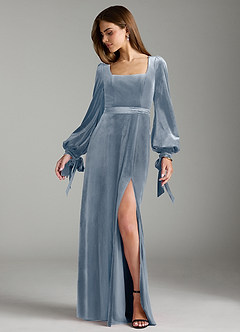 Azazie Leonia Bridesmaid Dresses Dusty Blue A-Line Long Sleeve Velvet Dress image3