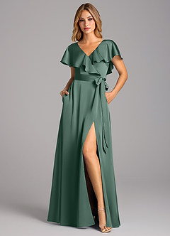 Azazie Lainey Bridesmaid Dresses Eucalyptus A-Line with Pockets Stretch Satin Dress image4