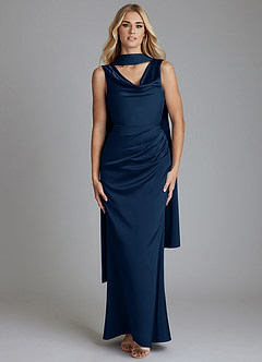 Azazie Tallie Bridesmaid Dresses Dark Navy Mermaid Pleated Stretch Satin Dress image5