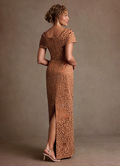 Azazie Atkins At-home Try On Dresses Caramel Cocoa Column Off the Shoulder Floral Jacquard Dress image3