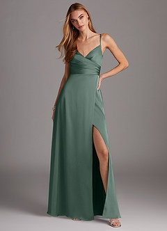 Azazie Calissa Bridesmaid Dresses Sea Moss A-Line V-Neck Pleated Stretch Satin Dress image3