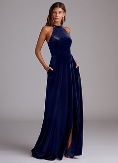 Azazie Larice Bridesmaid Dresses Dark Navy A-Line with Pockets Velvet Dress image1