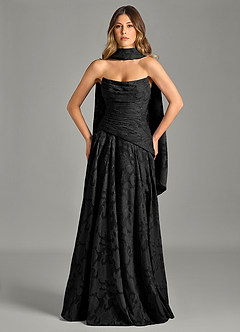 Azazie Gabriela Brautjungfernkleider A-Linie Schulterfrei Blumen-Burnout Kleid Schwarz image4