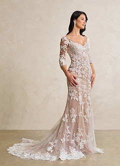 Azazie Neela Final Sale Diamond White Mocha Mermaid V-Neck Lace Tulle Dress image1