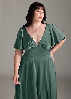 Azazie Kimber Bridesmaid Dresses Eucalyptus A-Line Ruched Stretch Satin Dress image11