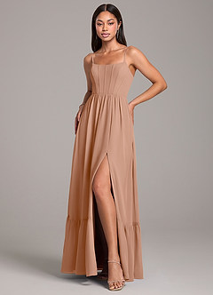 Azazie Kailee Vestidos de damas de honor Vestido de Champán Rosado de Gasa de Corte en A con Con bolsillos image5