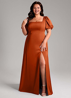 Azazie Fyona Bridesmaid Dresses Burnt Orange A-Line Pleated Stretch Satin Dress image8