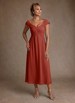 Azazie Mirta 신부의 어머니 드레스 A라인 주름진 플로럴 번아웃 티 길이 드레스 image1