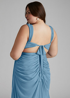 Azazie Jesaphine Jurken voor bruidsmeisjes Jurk van Mesh met Kolom Ruches Staal Blauw image7