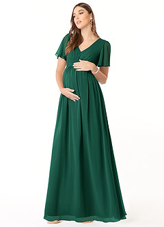 Azazie Verna Robes de demoiselle d'honneur de maternité Robe Trapèze Col V froncé Longueur ras du sol Mousseline de soie image3