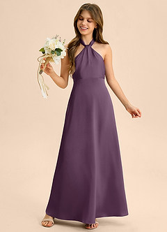 Azazie Beah Junior Plum A-Line Pleated Stretch Satin Dress image2