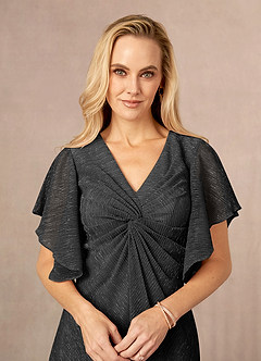 Azazie Mollina Mother of the Bride Dresses Black A-Line Ruffle Flutter Sleeve Metallic Mesh Dress image4