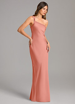 Azazie Monroe Bridesmaid Dresses Coral Mermaid One Shoulder Stretch Satin Dress image5