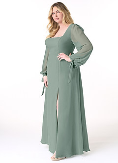 Azazie Leonia Brautjungfernkleider A-Linie Langarm Chiffon Kleid Silberner Salbei image10