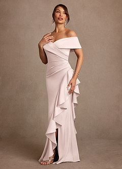 Azazie Kirsty Mother of the Bride Dresses Blushing Pink Sheath Off the Shoulder Stretch Satin Dress image3
