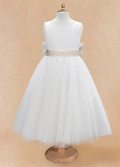 Azazie Kavi Flower Girl Dresses Ivory Frost A-Line Bow Matte Satin Dress image7