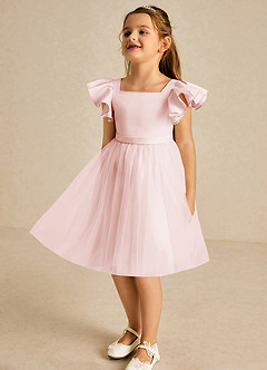 Azazie Kaeya Robe Demoiselle D'honneur Fillette Robe Trapèze en Tulle Arc Rose Pâle image4
