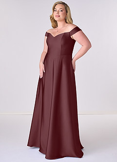 Barbie ♥ Azazie Robes de demoiselle d'honneur Robe Trapèze Convertible en Satin extensible Épaule décolletée Sangria image9