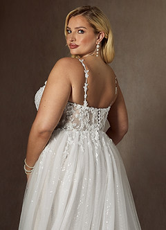 Azazie Florian Wedding Dresses Diamond White A-Line V-Neck Sequins Tulle Dress image13
