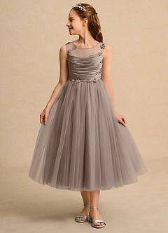 Azazie Snowball Girl vestidos de niña de las flores Vestido de Gris Pardo de Tul de Princesa con Plisado image3