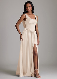 Azazie Novi Robes de demoiselle d'honneur Robe Trapèze en Satin extensible avec poches Albâtre Blanc image5