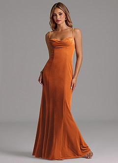 Azazie Karryn Vestidos de damas de honor Vestido de Naranja Quemada de terciopelo de Corte Sirena con Corsé image4