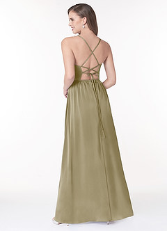Azazie Raya Vestidos de damas de honor Vestido de Musgo Verde de Satén Elástico de Corte en A con Cuello en V Plisado image2