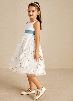 Azazie Pollie Flower Girl Dresses Ivory Moody Blue A-Line Bow Tulle Dress image5