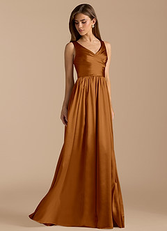 Azazie Keyla Bridesmaid Dresses Copper A-Line Pleated Metallic Satin Dress image4