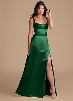 Azazie Hope Bridesmaid Dresses Dark Green A-Line with Pockets Metallic Satin Dress image1
