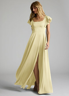 Azazie Bondi Vestidos de damas de honor Vestido de Sorbete De Limón de Satén Elástico de Corte en A con Lazo image6