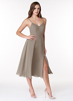 Azazie Clarissa Bridesmaid Dresses Taupe A-Line V-Neck Chiffon Dress image3