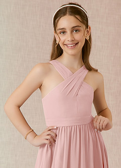 Azazie Jiya Junior Abito A-Line in Chiffon Plissettato Rosa Cipria image4