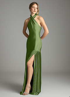 Azazie Nayeli Jurken voor bruidsmeisjes Jurk van Stretch Satijn met A-Lijn Geplooid Jeneverbes image4