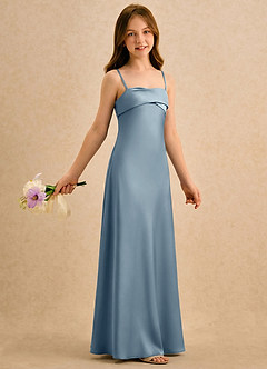 Azazie Mirabella Girls Formal Robe Demoiselle D'honneur Fillette Robe Fourreau en Satin extensible Encolure en Forme de Cœur Bleu Poussiéreux image4