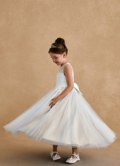 Azazie Bitsy vestidos de niña de las flores Vestido de Marfil Blanco Alabastro de Tul de Corte En A con Encaje image3