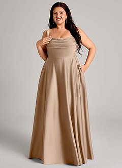 Azazie Shaude Bridesmaid Dresses Taupe A-Line Pleated Stretch Satin Dress image11