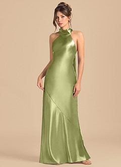 Azazie Velli Robes de demoiselle d'honneur Robe Fourreau en Satiné métallisé Col Haut Pistache image3